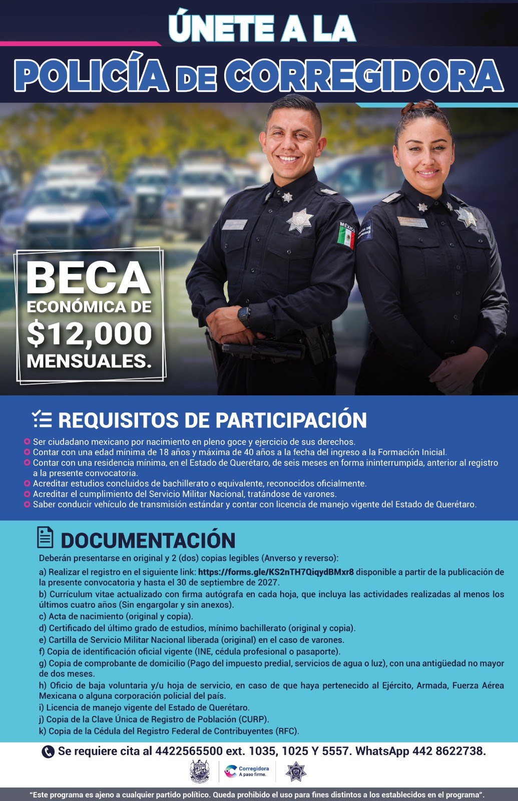 Cartel completo de la convocatoria Únete a la Policía de Corregidora